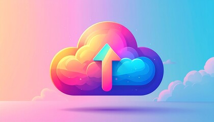 Vibrant cloud upload icon, digital data storage concept illustration with colorful gradient, modern internet technology symbol