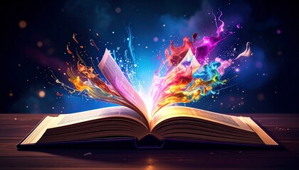 Magical open book glowing with vibrant colorful light and particles, symbolizing knowledge, imagination, fantasy, and creative ideas bursting forth.