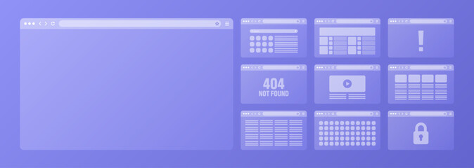 Web browser window, transparent pages layout with toolbar and search field. Modern website, internet page. Browser mockup for computer, tablet and smartphone. Adaptive UI. Vector illustration