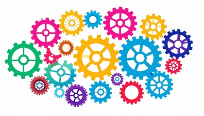 Vibrant colorful gears and cogs mechanism. Interconnected system, teamwork, business process, engineering, innovation, solution concept illustration.
