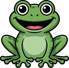 A cheerful green cartoon frog with a big smile isolated on white