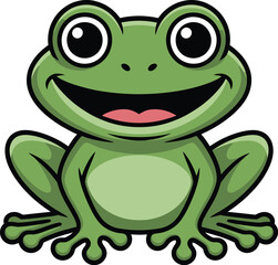 A cheerful green cartoon frog with a big smile looking forward