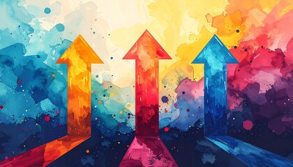 Obraz premium Dynamic watercolor arrows ascending against a vivid abstract background, symbolizing business growth, success, progress, innovation, and creative direction.
