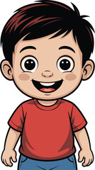 A cheerful cartoon boy with black hair and a bright red shirt