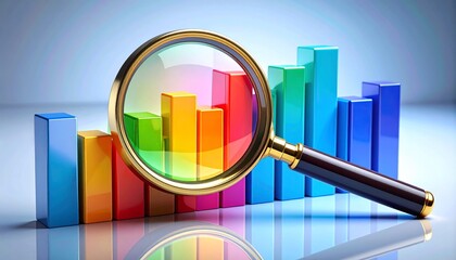 Magnifying glass analyzing colorful statistical bar graphs. Concept of financial data analysis, market research, business growth, and strategy.
