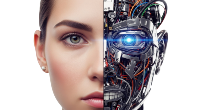 Human face merging into a robotic cyborg isolated PNG with Transparent Background