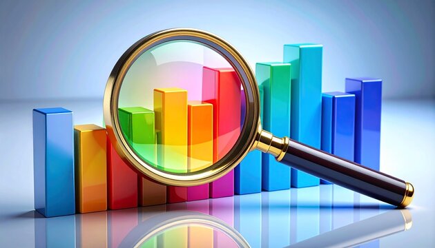 Magnifying glass analyzing colorful statistical bar graphs. Concept of financial data analysis, market research, business growth, and strategy.