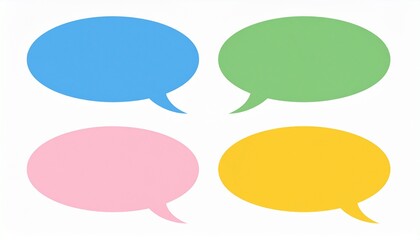 Set of four colorful blank speech bubbles in blue, green, pink, and yellow, ideal for communication, chat, dialogue, and thought concepts.