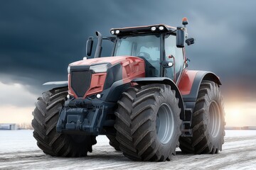 Obraz premium A powerful agricultural tractor with oversized tires parked under a dramatic sky showcasing robust performance and versatile capabilities in modern farming technology