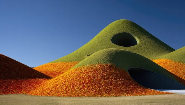 A landscape-style building covered in grass and flowers.  Rolling hills of vibrant green and orange/red, with dark openings.  Clear blue sky