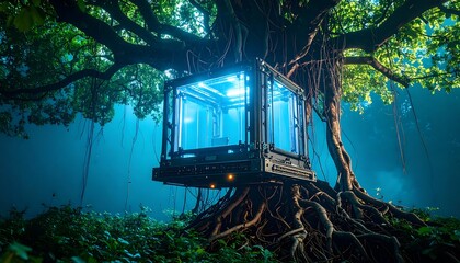 Futuristic Structure in Tree with Glowing Interior in Forest Setting