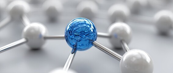 Abstract image of interconnected spheres, a central blue sphere connected to several white spheres via metallic rods.  Modern and technological design