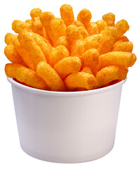 Puffed corn snacks cheesy chips in paper bucket isolated on white background, Puff corn or Corn...
