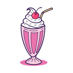 A vibrant hand drawn illustration of a delicious pink strawberry milkshake topped with whipped cream a bright red cherry and a striped straw perfect for retro diner or sweet treat themes