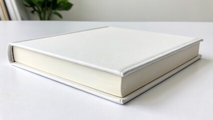 Isolated hardcover book with a blank white cover on a clean, reflective surface, suggesting knowledge and education