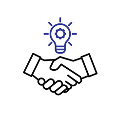 Collaboration icon. Management. Shaking hands and a light above. manager, success. outline design style.
