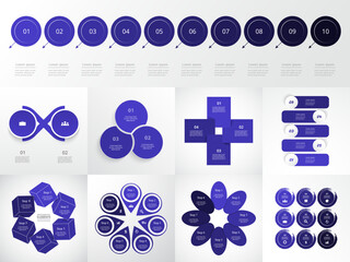 Set of creative infographic templates with 2, 3, 4, 5, 6, 7, 8, 9 and 10 options, parts or processes.