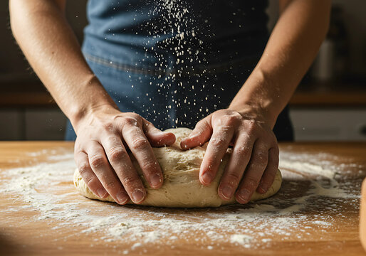 A person's hands kneading dough on a wooden surface, with flour dusting the air. - Powered by Adobe
