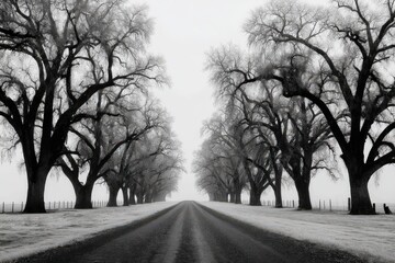 Serene winter road disappearing into mist characterized by ghostly trees lining both sides, capturing a peaceful yet eerie atmosphere evoking contemplation and introspection