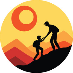Obraz premium Silhouette of a father and son hiking together on a mountain trail at sunset with the sun setting behind them in a circular graphic