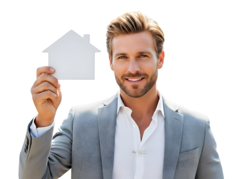 Real Estate Agent Holding House Model Home Ownership Concept Property Investment Mortgage Loans Realtor Services Handsome Man Smiling