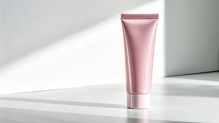 Isolated pink cosmetic tube standing upright, minimalist beauty product design, skincare packaging