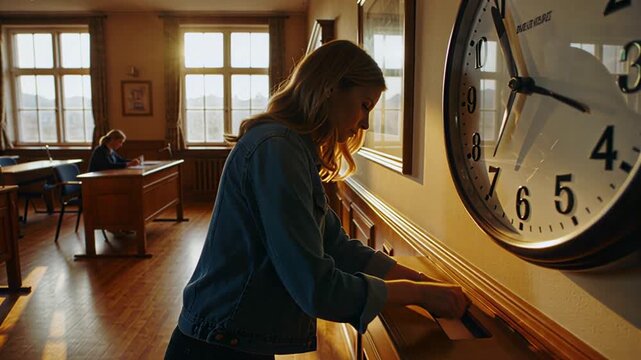Woman casting vote near large wall clock in polling station

