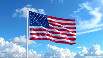 Obraz premium American flag waving proudly against a bright blue sky with fluffy white clouds