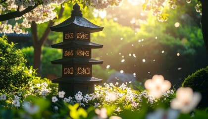 Garden Pagoda at Sunset with White Flowers and Falling Petals