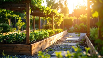Garden Beds with Greenery at Sunset, Perfect for Growing Vegetables