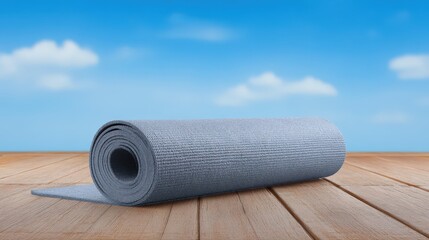 Minimalist yoga mat on a wooden deck, Sunshine and blue sky