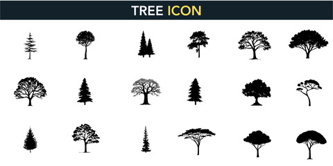 Tree silhouette outline set tropical side view, vector line drawing elements for architectural landscape design. Stroke illustration graphics on white background