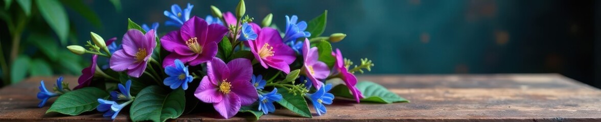 Elegant purple and blue floral wreath centerpiece on rustic table, rustic, stock photo, romantic