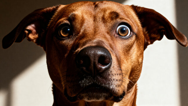 close-up of a dog's face showing an astonished expression, capturing the moment of surprise with wide eyes and perked ears, highlighting emotional depth and playful curiosity in a furry companion