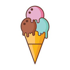 A vibrant flat illustration of a triple scoop ice cream cone featuring strawberry pink chocolate brown and mint blue flavors melting slightly in a golden waffle cone against a clean white background