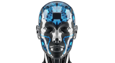 Female cyborg face with futuristic blue circuits isolated PNG with Transparent Background