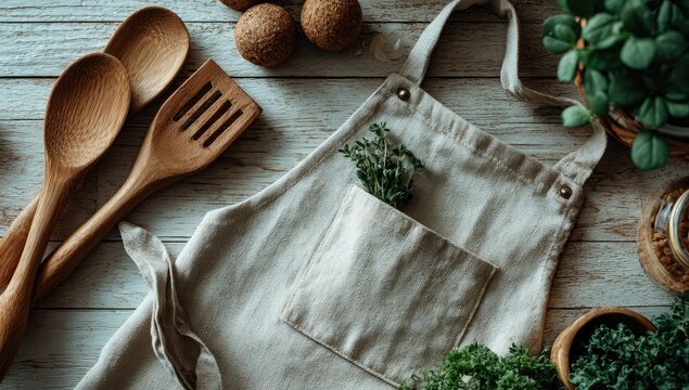 Beige apron with wooden utensils and herbs on a light wood table