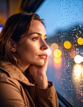 Pensive woman watching city lights on rainy ride