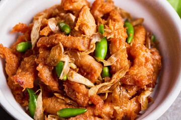 Fried pork with garlic and fresh chili and sticky rice.
