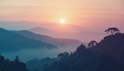 Obraz premium Stunning Sunset Over Misty Mountains Scenic Landscape Photography