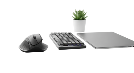 Ergonomic computer setup with keyboard, mouse, laptop and plant isolated PNG with Transparent Background