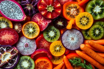Colorful Array of Sliced Fruits and Vegetables - A Vibrant Still Life.
