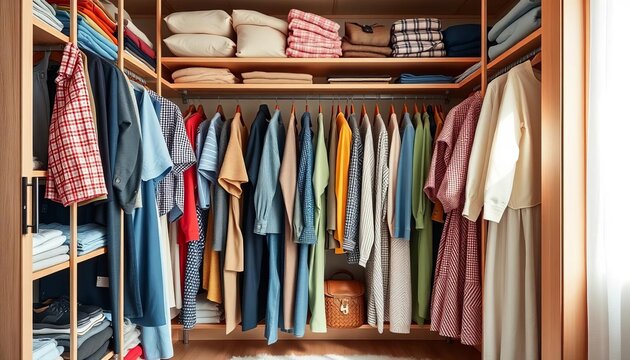 A full-length view of an open wardrobe overflowing with neatly folded and hung clothing, bright, fashion - Powered by Adobe