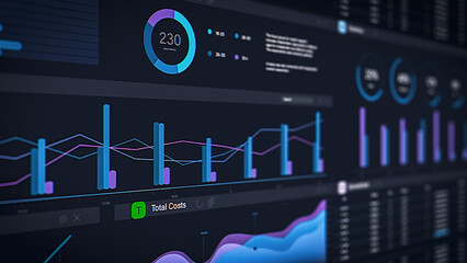 Business Management Application with Graphs, Charts and Financial Data on Black Background. Software for Professional Entrepreneurs to Analyze Profits. Close Up of a Computer or Laptop Screen