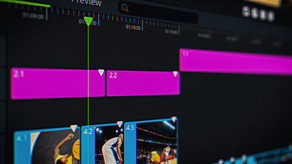 Close Up on a Screen with a Video Editing and Color Grading Software Interface with a Basketball Championship Match Project. Professional User Interface with Editing Tools for a Videographer