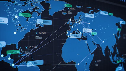 World Map Logistics Software with Real-time Data Points and Connections, Optimizing Global Supply Chain Efficiency. Internet App Visualizing Routes, Tracking Shipments and Gives Operational Insights