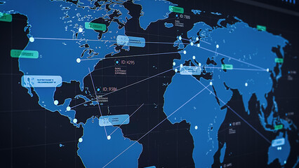 World Map Logistics Software with Real-time Data Points and Connections, Optimizing Global Supply Chain Efficiency. Internet App Visualizing Routes, Tracking Shipments and Gives Operational Insights