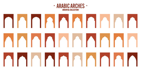 Islamic frames, oriental style objects. Arabic shapes, windows and arches. Traditional ornamental banner, frame. Muslim holidays, Ramadan Kareem. Modern eastern architecture. Vector illustration