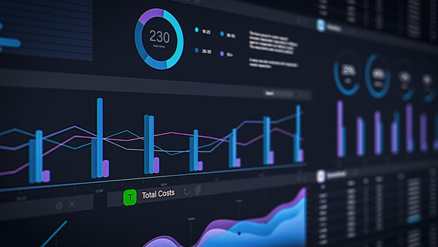 Business Management Application with Graphs, Charts and Financial Data on Black Background. Software for Professional Entrepreneurs to Analyze Profits. Close Up of a Computer or Laptop Screen