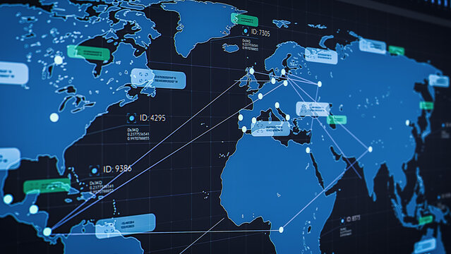 World Map Logistics Software with Real-time Data Points and Connections, Optimizing Global Supply Chain Efficiency. Internet App Visualizing Routes, Tracking Shipments and Gives Operational Insights - Powered by Adobe